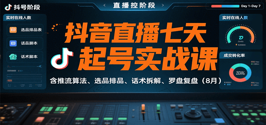 抖音直播七天起号实战课：含推流算法、选品排品、话术拆解、罗盘复盘(8月)-小艾项目网