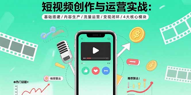 短视频创作与运营实战：基础搭建/内容生产/流量运营/变现闭环/4大核心模块-小艾项目网