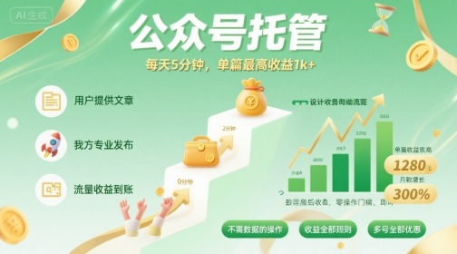 【公众号托管 】我提供文章，你发布，每天5分钟，单篇最高收益1k+【揭秘】-小艾项目网
