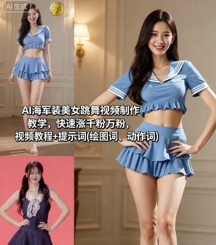 AI海军装美女跳舞视频制作教学，快速涨千粉万粉，视频教程+提示词(绘图词、动作词)-小艾项目网