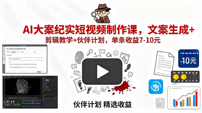 AI大案纪实短视频制作课，文案生成+剪辑教学+伙伴计划，单条收益7-10元-小艾项目网