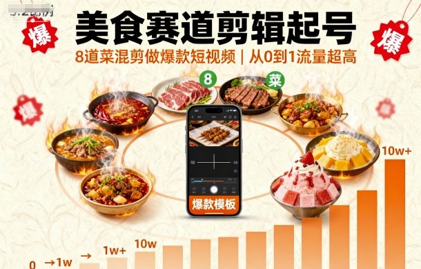 美食赛道剪辑起号，8道菜混剪做爆款短视频，从0到1，流量超高-小艾项目网