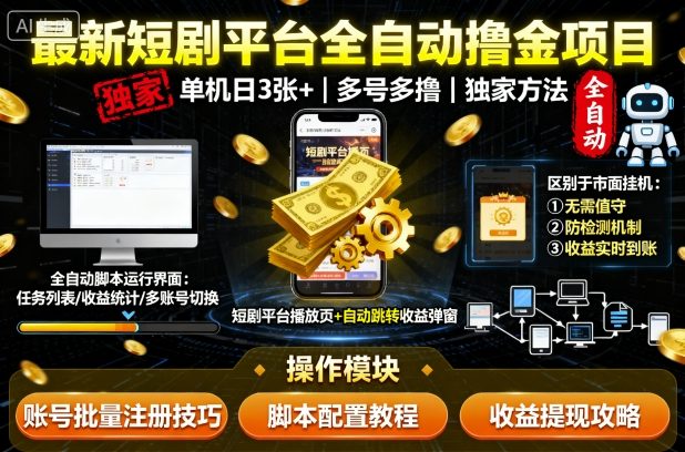 最新短剧平台全自动挂G撸金项目，单机一天3张+，多号多撸，区别于市面所有挂机项目，独家方法【揭秘】-小艾项目网