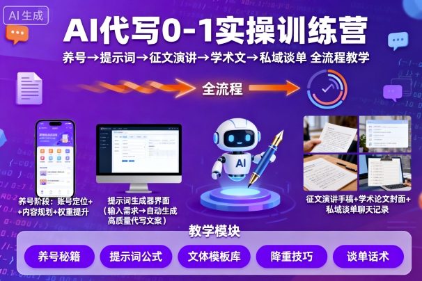 AI代写0-1实操训练营，从养号、提示词、征文演讲、学术文，到私域谈单的全流程教学-小艾项目网