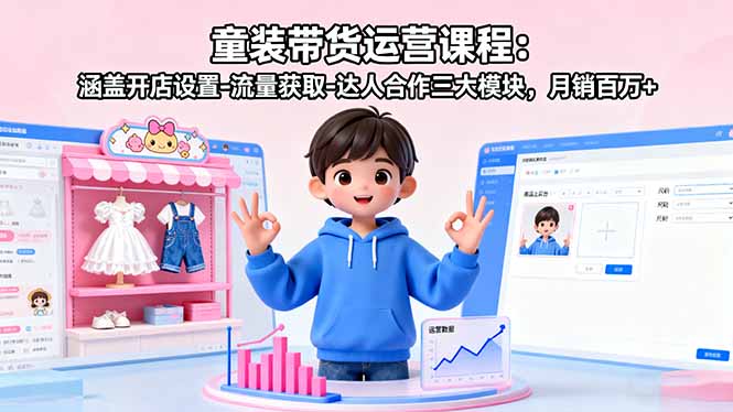 童装带货运营课程：涵盖开店设置-流量获取-达人合作三大模块，月销百万+-小艾项目网