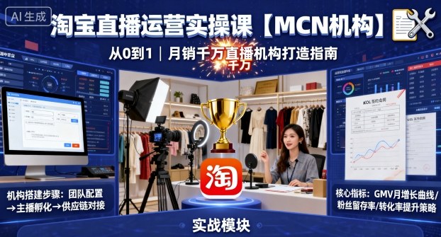 淘宝直播运营实操课【MCN机构】，从0到1做一家月销千W的直播机构-小艾项目网