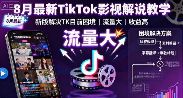 8月最新TikTok影视解说教学，新版解决TK目前困境，流量大，收益高-小艾项目网