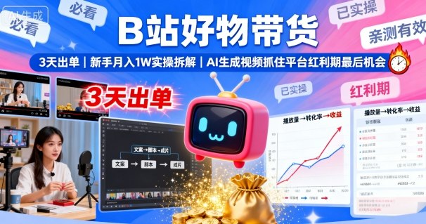 B站好物带货，3天出单，新手月入1W实操拆解，AI生成视频，抓住平台红利期最后机会-小艾项目网