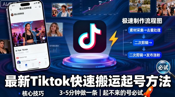 最新Tiktok快速搬运快速起号方法，3-5分钟做一条，起不来的号可以试试-小艾项目网