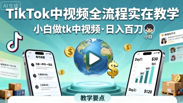 TikTok中视频全流程实操教学，小白做tk中视频，日入百刀-小艾项目网