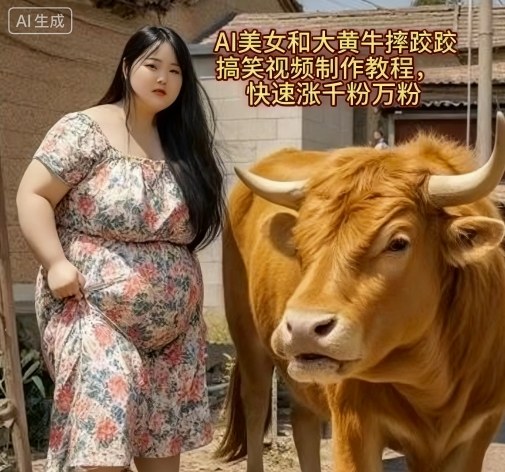 AI美女和大黄牛摔跤搞笑荒诞视频制作教程，快速涨千粉万粉-小艾项目网