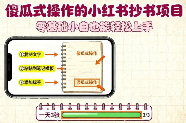 傻瓜式操作的小红书抄书项目，会复制粘贴就行，零基础小白也能一天3张-小艾项目网