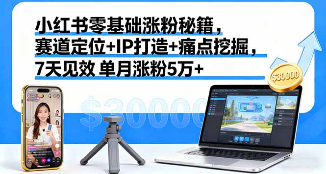 小红书零基础涨粉秘籍，赛道定位+IP打造+痛点挖掘，7天见效 单月涨粉5万+-小艾项目网