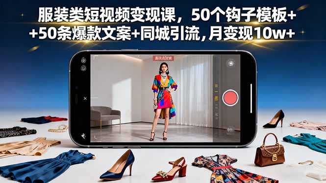 服装类短视频变现课，50个钩子模板+50条爆款文案+同城引流，月变现10w+-小艾项目网