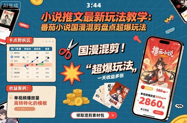 小说推文最新玩法教学，番茄小说国漫混剪盘点超爆玩法，全程干货，一天收益多张-小艾项目网