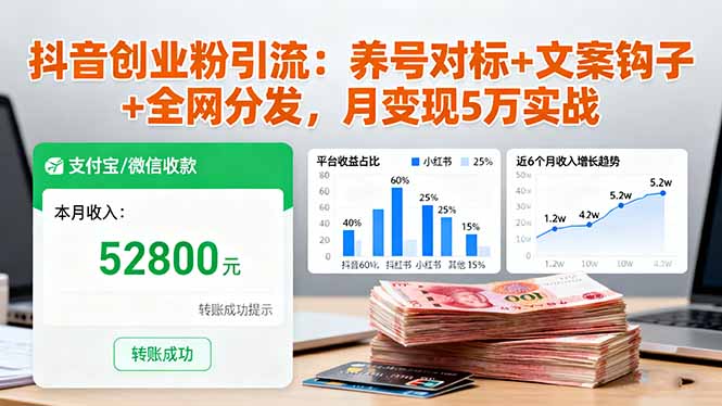 抖音创业粉引流：养号对标+文案钩子+全网分发，月变现5万实战-小艾项目网