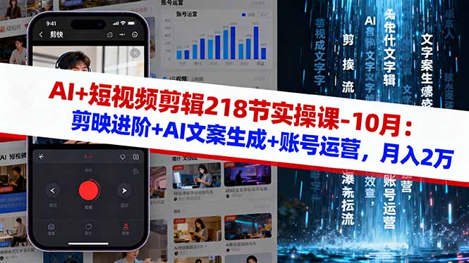 AI+短视频剪辑218节实操课-10月：剪映进阶+AI文案生成+账号运营，月入2万-小艾项目网