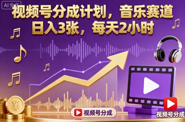 视频号分成计划，音乐赛道，日入3张，每天2小时-小艾项目网