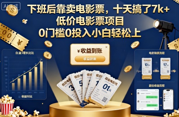 下班后靠卖电影票，十天搞了7k+，低价电影票项目，0门槛0投入小白轻松上手【揭秘】-小艾项目网