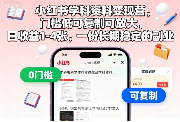 小红书学科资料变现营，门槛低可复制可放大，日收益1-4张，一份长期稳定的副业-小艾项目网