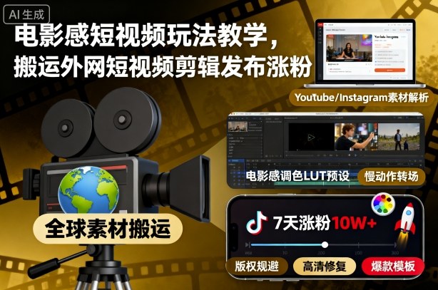 电影感短视频玩法教学，搬运外网短视频剪辑发布涨粉-小艾项目网