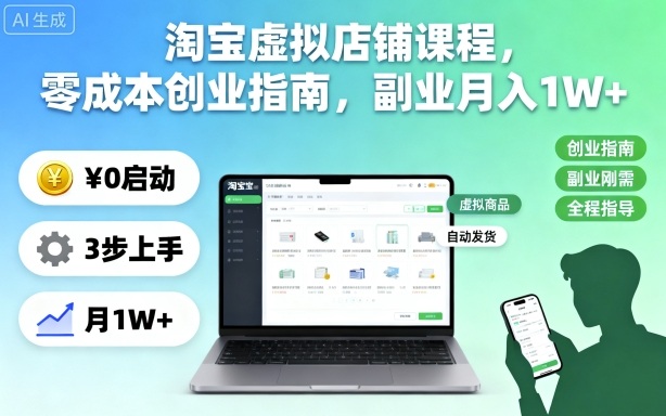 淘宝虚拟店铺课程，零成本创业指南，副业月入1W+-小艾项目网