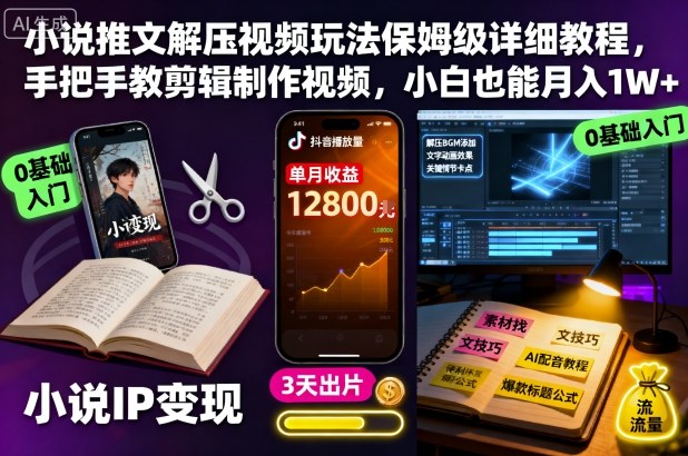 小说推文解压视频玩法保姆级详细教程，手把手教剪辑制作视频，小白也能月入1W+-小艾项目网