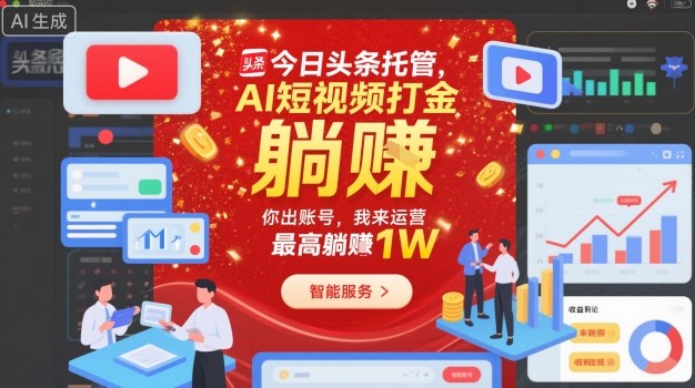 今日头条托管，AI短视频打金，你出账号，我来运营，最高躺賺1W【揭秘】
