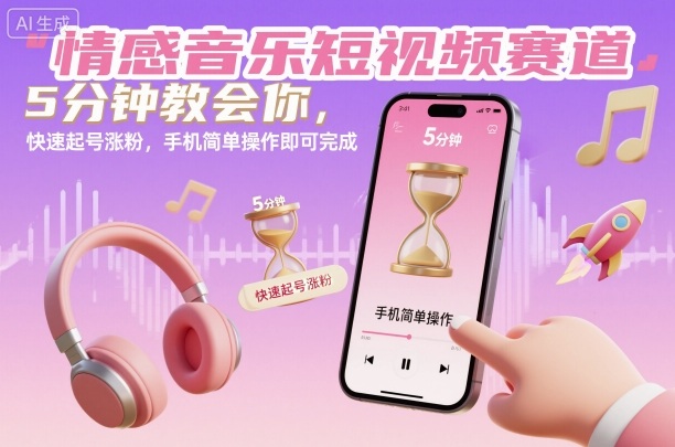 情感音乐短视频赛道，5分钟教会你，快速起号涨粉，手机简单操作即可完成-小艾项目网