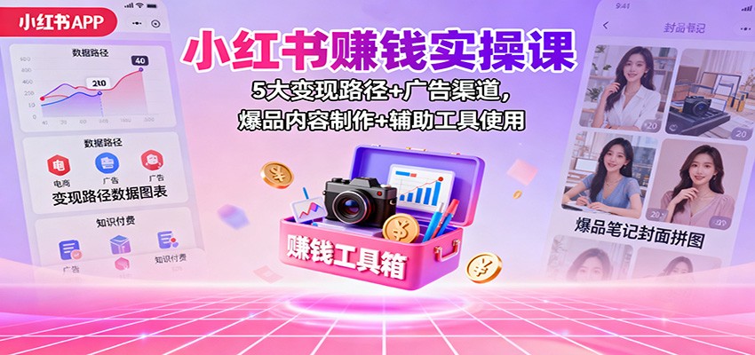 小红书赚钱实操课：5大变现路径+广告渠道，爆品内容制作+辅助工具使用-小艾项目网