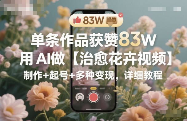 单条作品获赞83W，用AI做【治愈花卉视频】，制作+起号+多种变现，详细教程-小艾项目网