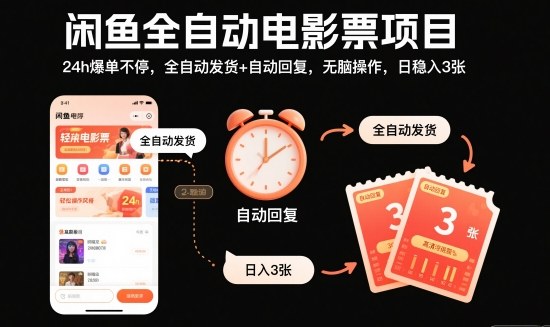 闲鱼全自动电影票项目，24h爆单不停，全自动发货+自动回复，无脑操作，日稳入3张【揭秘】-小艾项目网