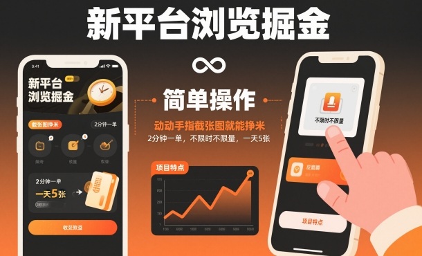 新平台浏览掘金，动动手指截张图就能挣米，2分钟一单，不限时不限量，一天5张【揭秘】-小艾项目网