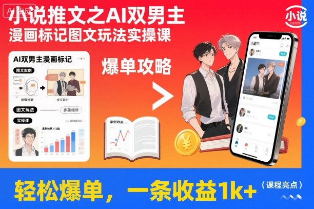 小说推文之AI双男主漫画标记图文玩法实操课，轻松爆单，一条收益1k+-小艾项目网