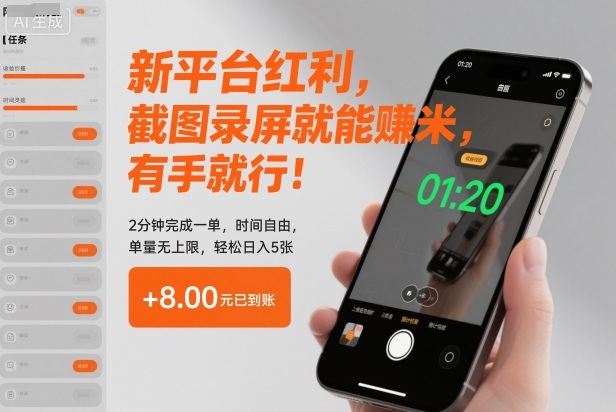 新平台红利，截图录屏就能賺米，有手就行！2分钟完成一单，时间自由，单量无上限，轻松日入5张【揭秘】-小艾项目网