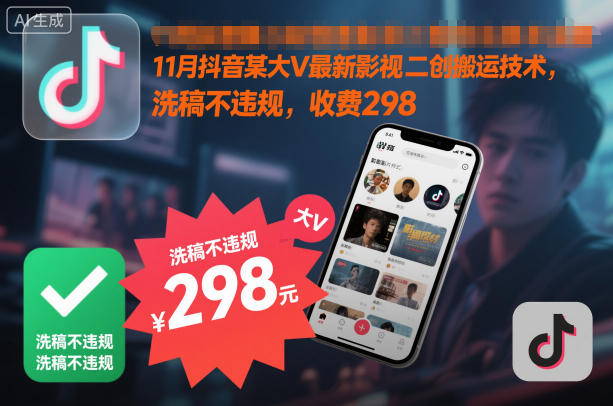 11月抖音某大V最新影视二创搬运技术，洗稿不违规，收费298-小艾项目网