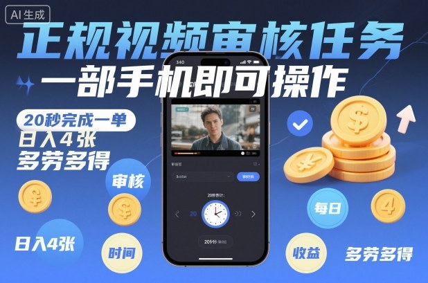 正规视频审核任务，一部手机即可操作，20秒完成一单，日入4张，多劳多得【揭秘】-小艾项目网