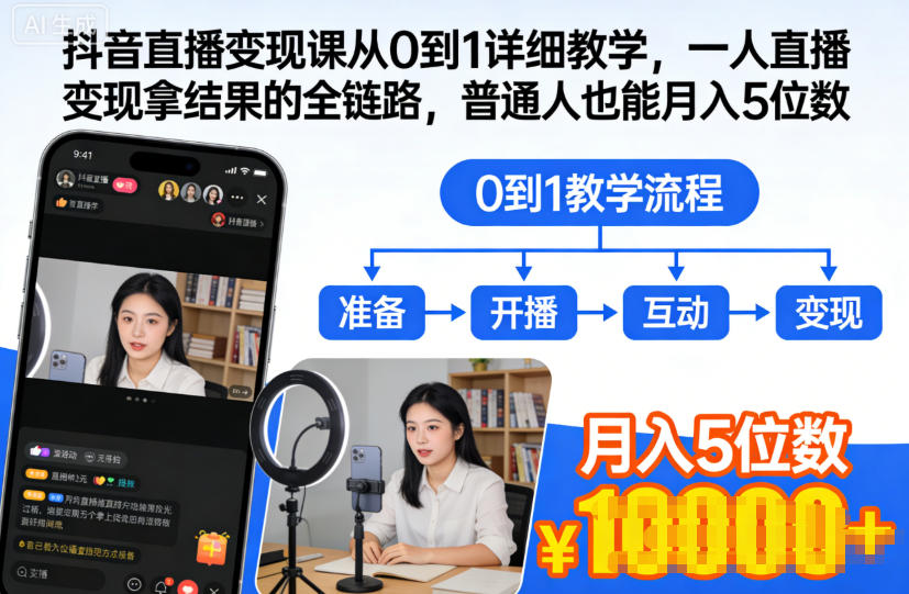 抖音直播变现课从0到1详细教学，一人直播变现拿结果的全链路，普通人也能月入5位数-小艾项目网