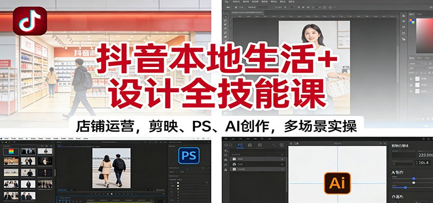 抖音本地生活+设计全技能课：店铺运营，剪映、PS、AI创作，多场景实操-小艾项目网