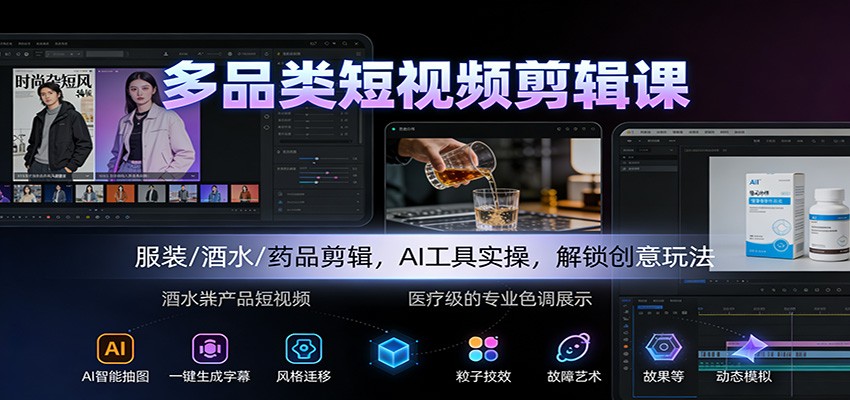 多品类短视频剪辑课：服装/酒水/药品剪辑，AI工具实操，解锁创意玩法-小艾项目网