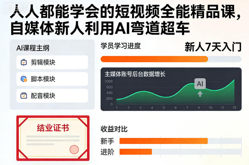 人人都能学会的短视频全能精品课，自媒体新人利用AI弯道超车-小艾项目网