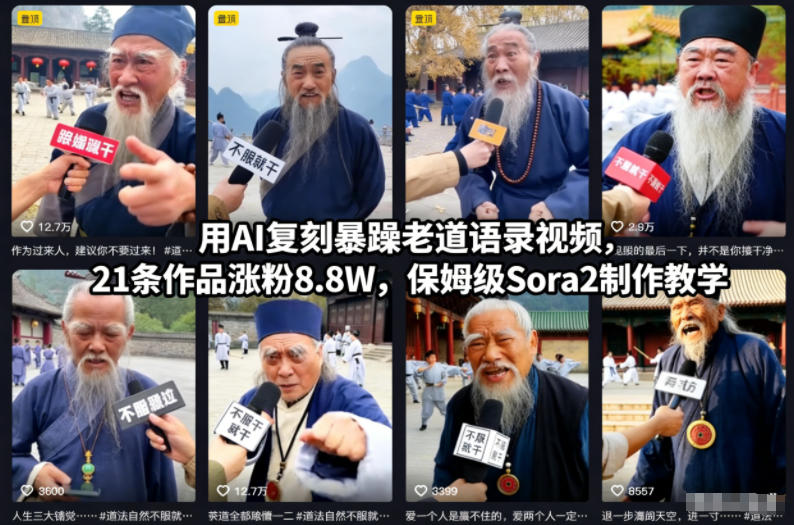 用AI复刻暴躁老道语录视频，21条作品涨粉8.8W，保姆级Sora2制作教学-小艾项目网