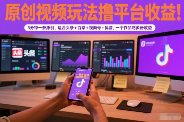 原创视频玩法撸平台收益，3分钟一条原创，适合头条+百家+视频号+抖音，一个作品吃多份收益-小艾项目网