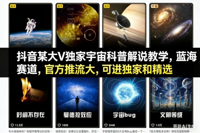 抖音某大V独家宇宙科普解说教学，蓝海赛道，官方推流大，可进独家和精选-小艾项目网
