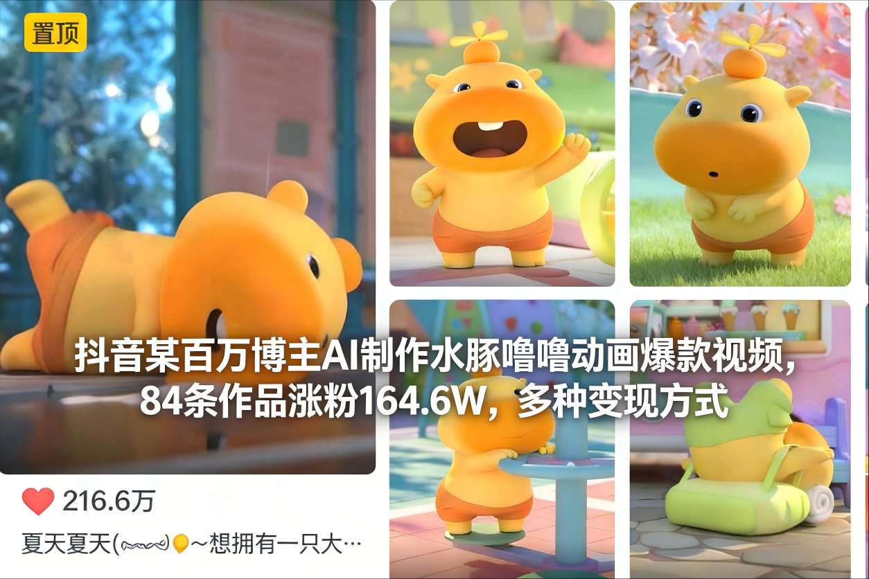 抖音某百万博主AI制作水豚噜噜动画爆款视频，84条作品涨粉164.6W，多种变现方式-小艾项目网