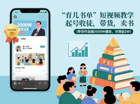 育儿书单短视频教学，起号收徒，带货，卖书(带货作品破2000W播放，月佣金2W)-小艾项目网