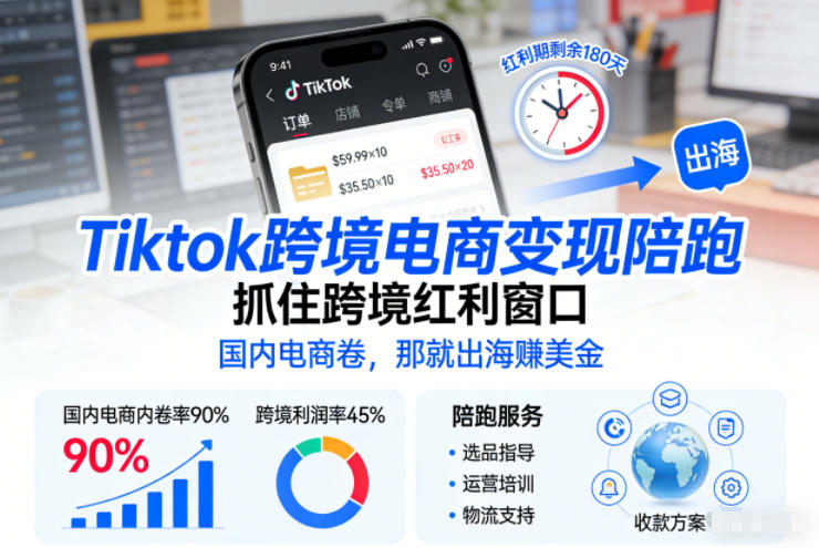 Tiktok跨境电商变现陪跑，抓住跨境红利窗口，国内电商卷，那就出海賺美金-小艾项目网