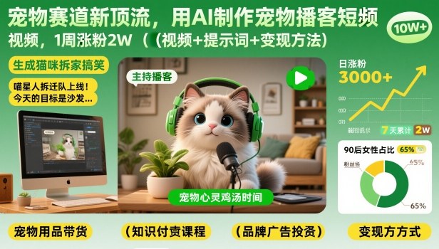 宠物赛道新顶流，用AI制作宠物播客短视频，1周涨粉2W(视频+提示词+变现方法)-小艾项目网