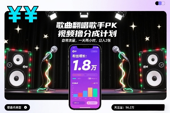 歌曲翻唱歌手PK视频撸分成计划，自带流量，一天两小时，日入2张-小艾项目网