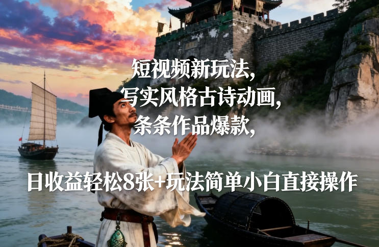 短视频新玩法，写实风格古诗动画，条条作品爆款，日收益轻松8张+玩法简单小白直接操作-小艾项目网